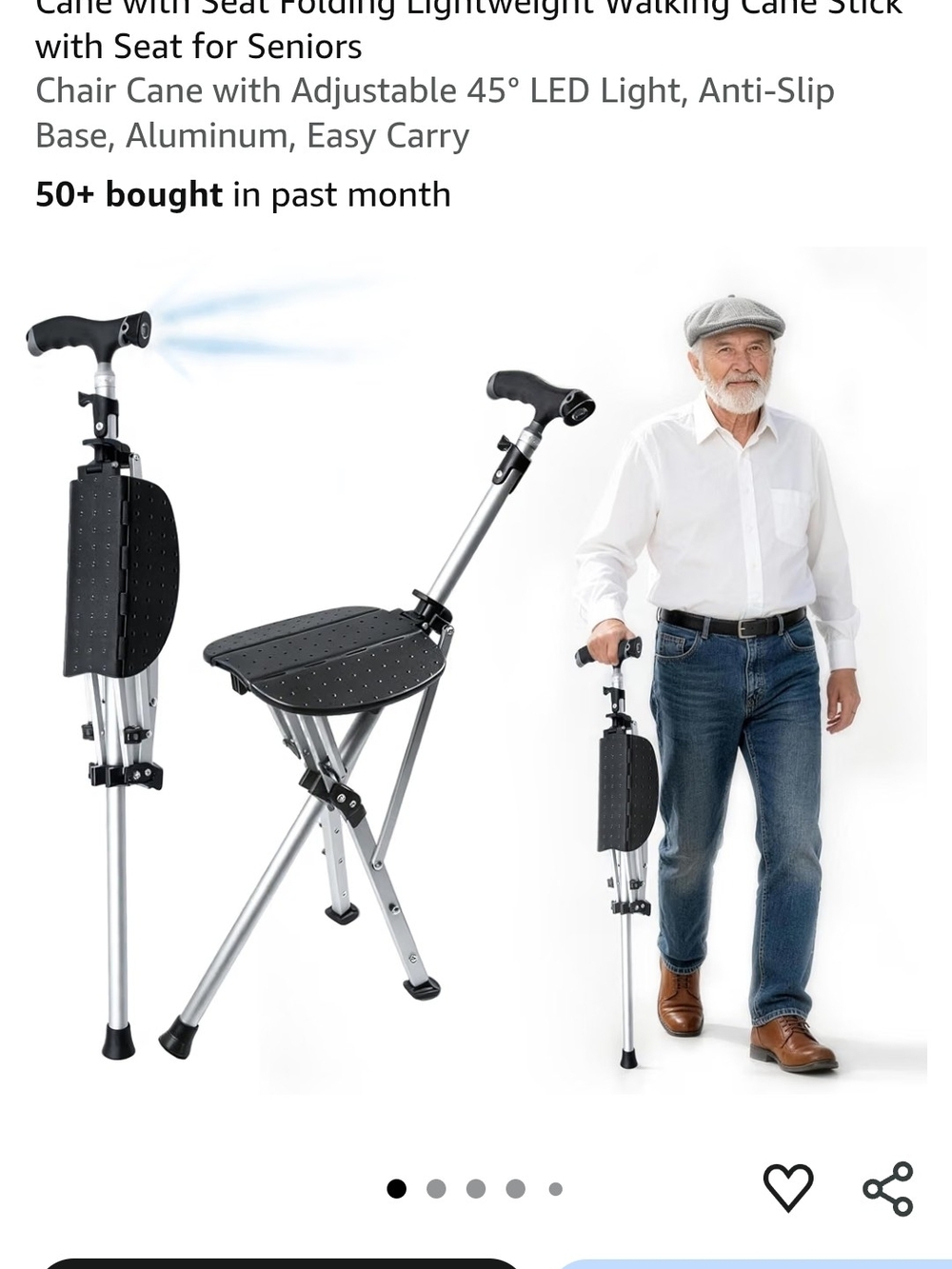 Folding Seat Walking Cane with LED Light - Black
